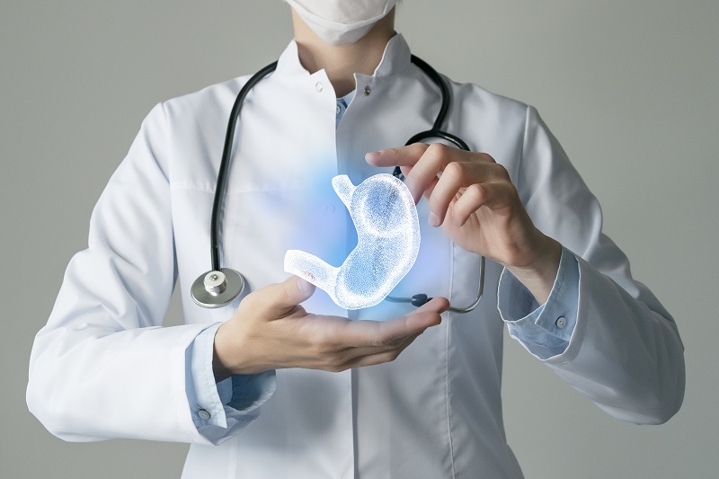 Doctor's hands holding up a graphic of a stomach, illustrating acid reflux
