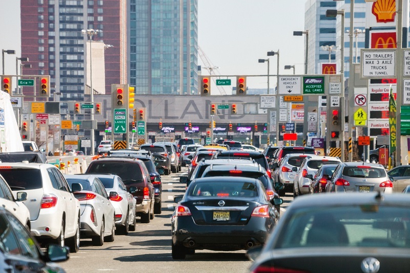 Heavy traffic heading into the Holland Tunnel.
