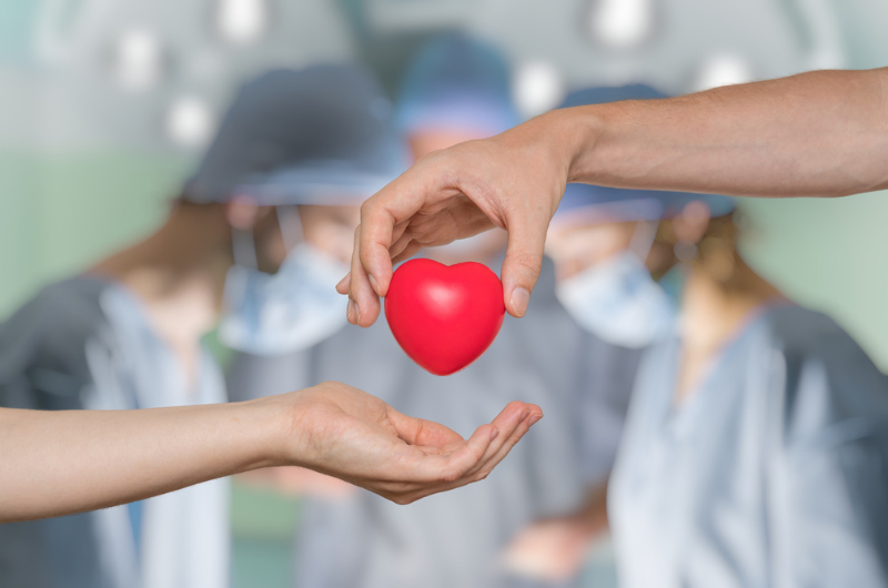 With doctors operating in the background, a hand gives a faux heart to another hand, representing the heart transplant concept.